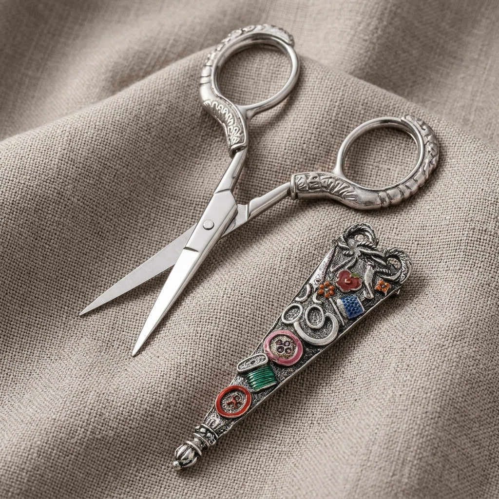 Opened Seamstress Essentials Scissors and cover resting on gray linen fabric 