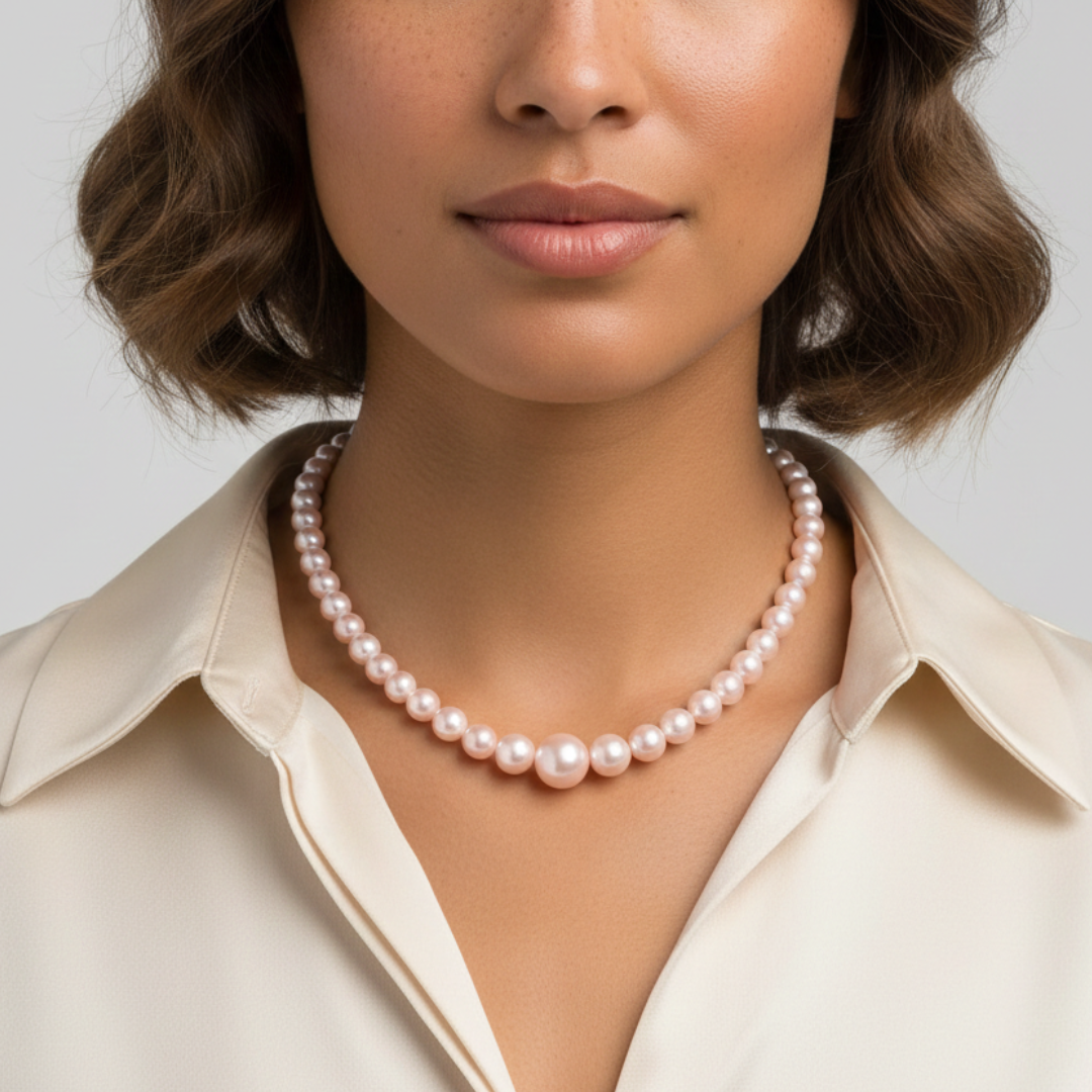 Woman wearing a Rosabella Pink faux pearl necklace against a neutral background