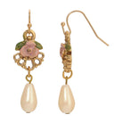 1928 Jewelry Pearly Eden Rose Enamel Teardrop Faux Pearl Dangle Earrings
