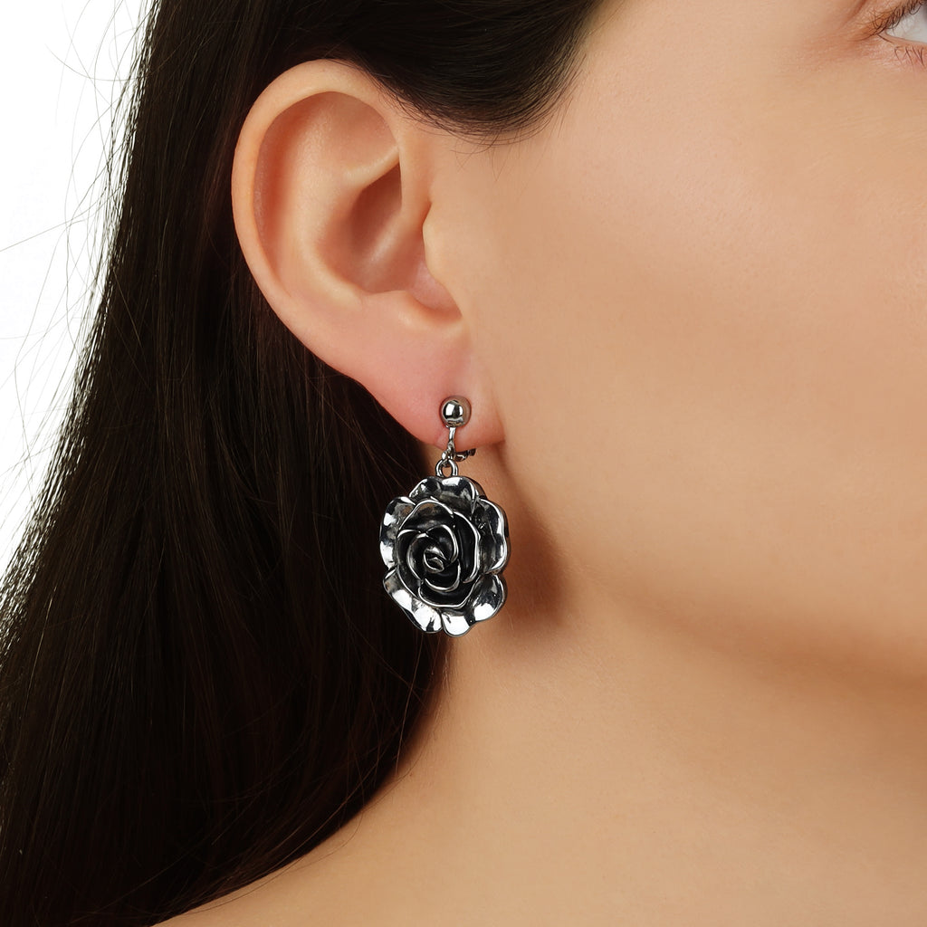 1928 jewelry silver tone flower drop clip on earrings