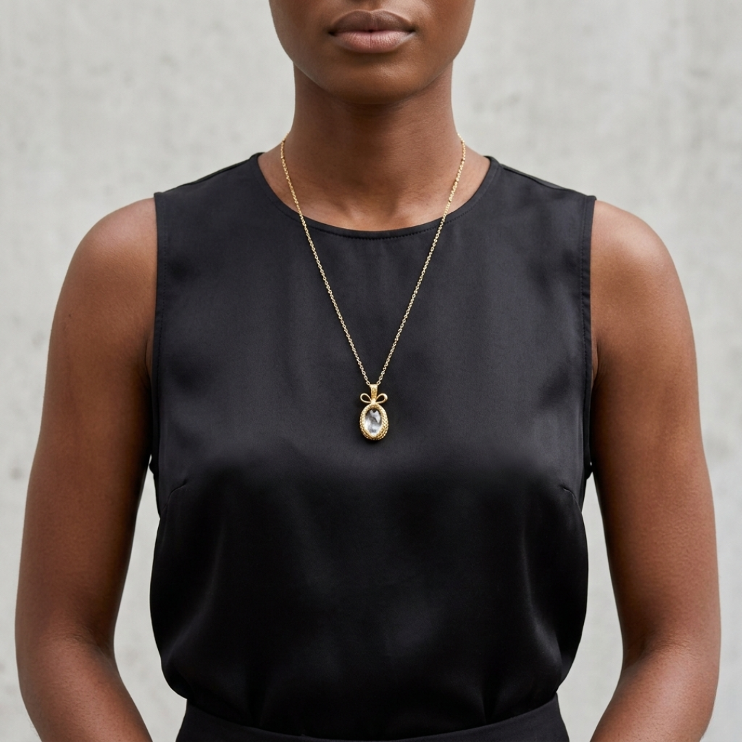 Person wearing a black sleeveless top with a gold necklace egg pendant