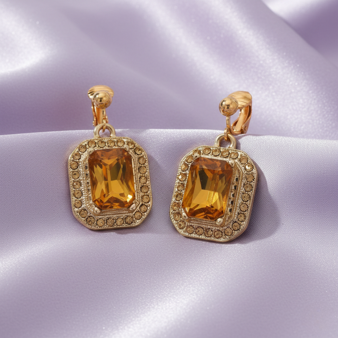 Topaz Octagon Stone & Crystal Clip On Earrings on lavender fabric