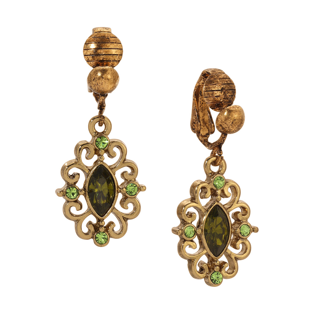 1928 Jewelry Olivine Green Crystal Filigree Clip On Earrings