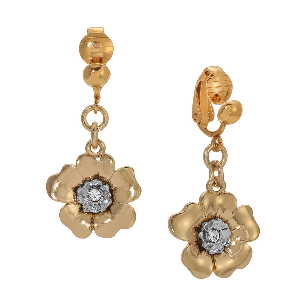 1928 Jewelry Two Tone Crystal Flower Clip Earrings