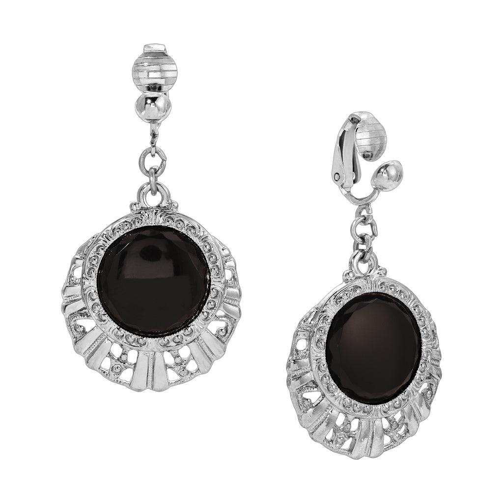 1928 Jewelry Black Round Stone Textured Clip On Earrings