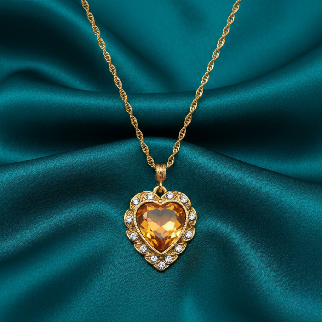 Gold necklace with a heart-shaped amber pendant on a teal fabric background