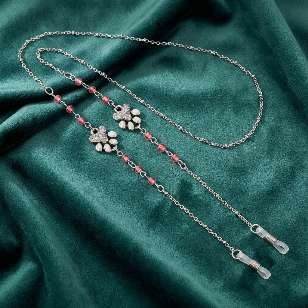 Dog Paws & Rose Pink Beads Eyeglass Holder Necklace on teal fabric