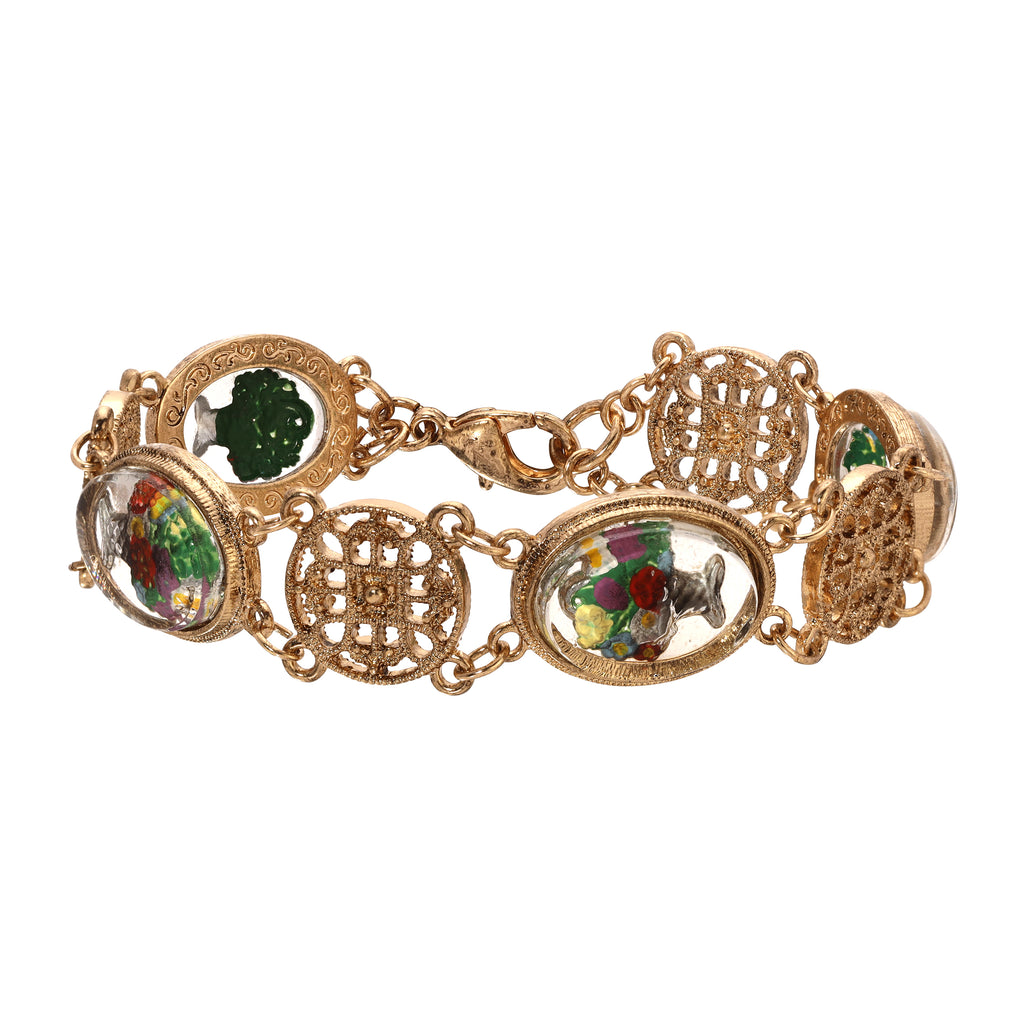 1928 Jewelry Meso Round Intricate Filigree & Mixed Flower Bouquet German Glass Link Bracelet
