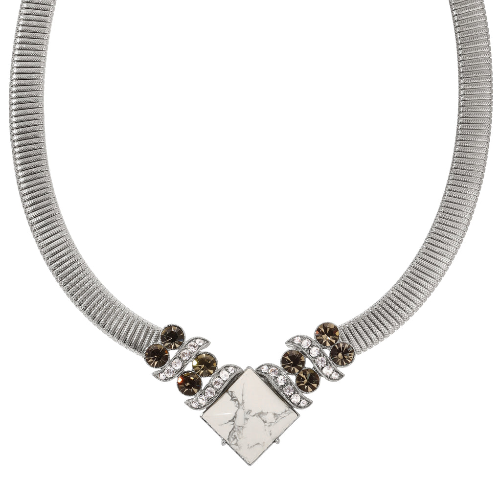 1928 Jewelry Black Diamond Crystal Square White Howlite Gemstone Necklace 15" + 3" Extension