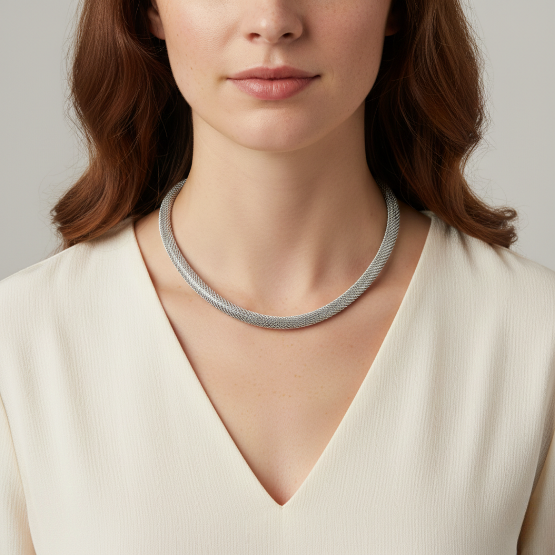 Woman wearing a silver tube chain necklace against a neutral background