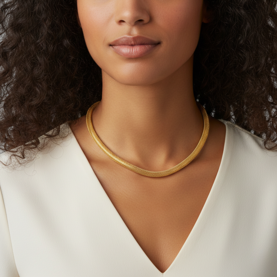 Woman in a white v-neck top wearing a thick gold tube chain necklace with a plain background