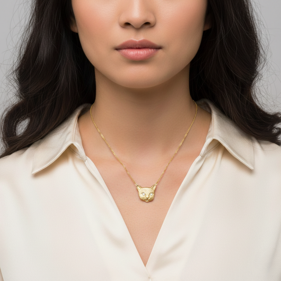 Woman wearing a gold necklace with a bear pendant against a neutral background