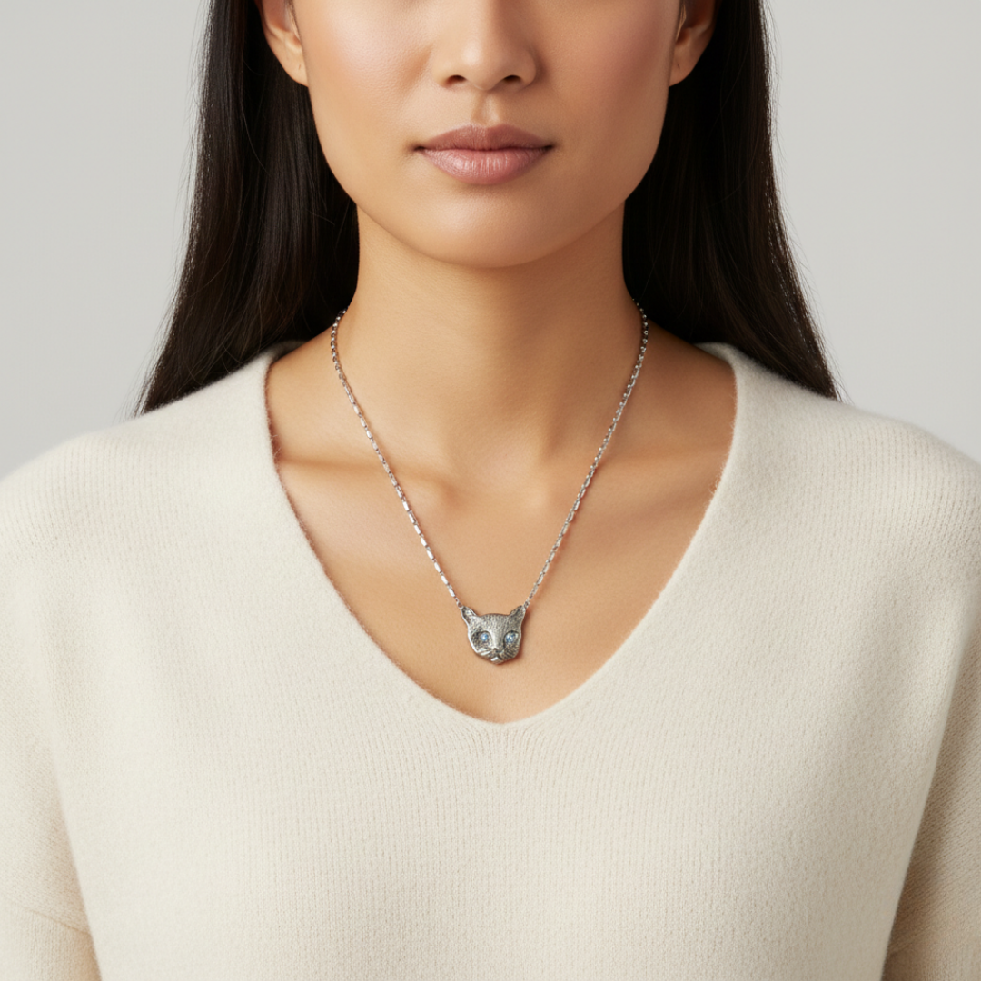Woman wearing a necklace with a cat-shaped pendant against a neutral background