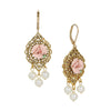 1928 Jewelry Porcelain Rose Faux Pearl Filigree Dangle Earrings