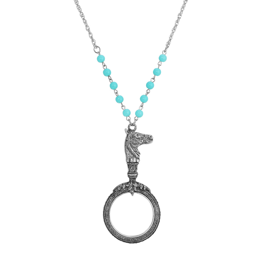 1928 Jewelry Turquoise Bead Equine Magnifying Glass Pendant Necklace 28"L - Magnification Power: 1-2X
