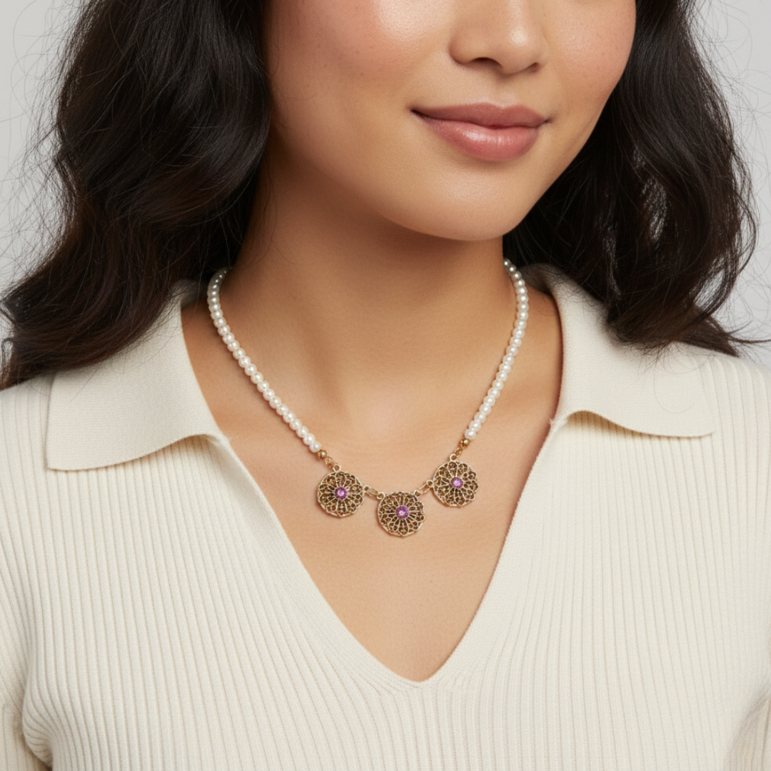 Woman wearing a faux pearl necklace with gold pendants on a neutral background