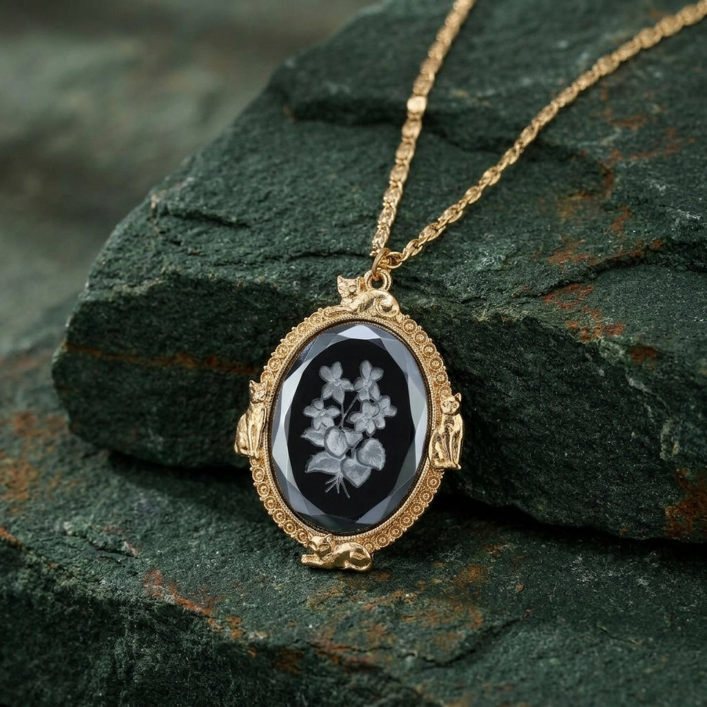Feline Flora Fusion Black German Glass Stone Pendant Necklace 30
