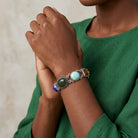Person wearing a colorful beaded gemstone bracelet on a neutral background