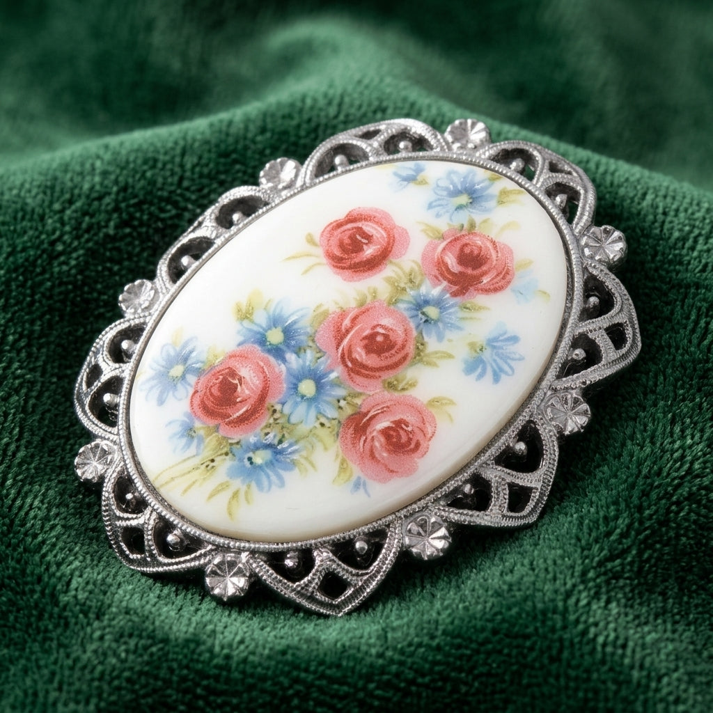 Decorative floral brooch with floral design on a green fabric background