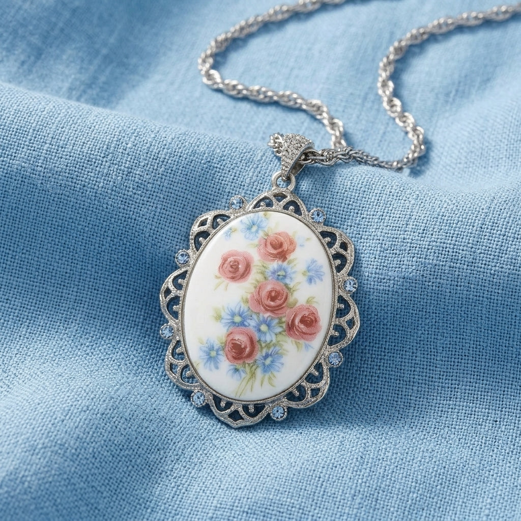 Floral pendant necklace on a blue fabric background