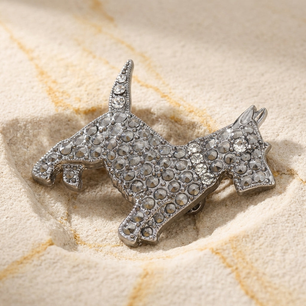 Silver dog-shaped brooch with crystals on a textured beige surface