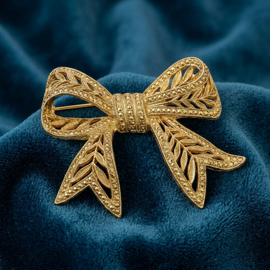 Gold bow-shaped brooch on a blue velvet background