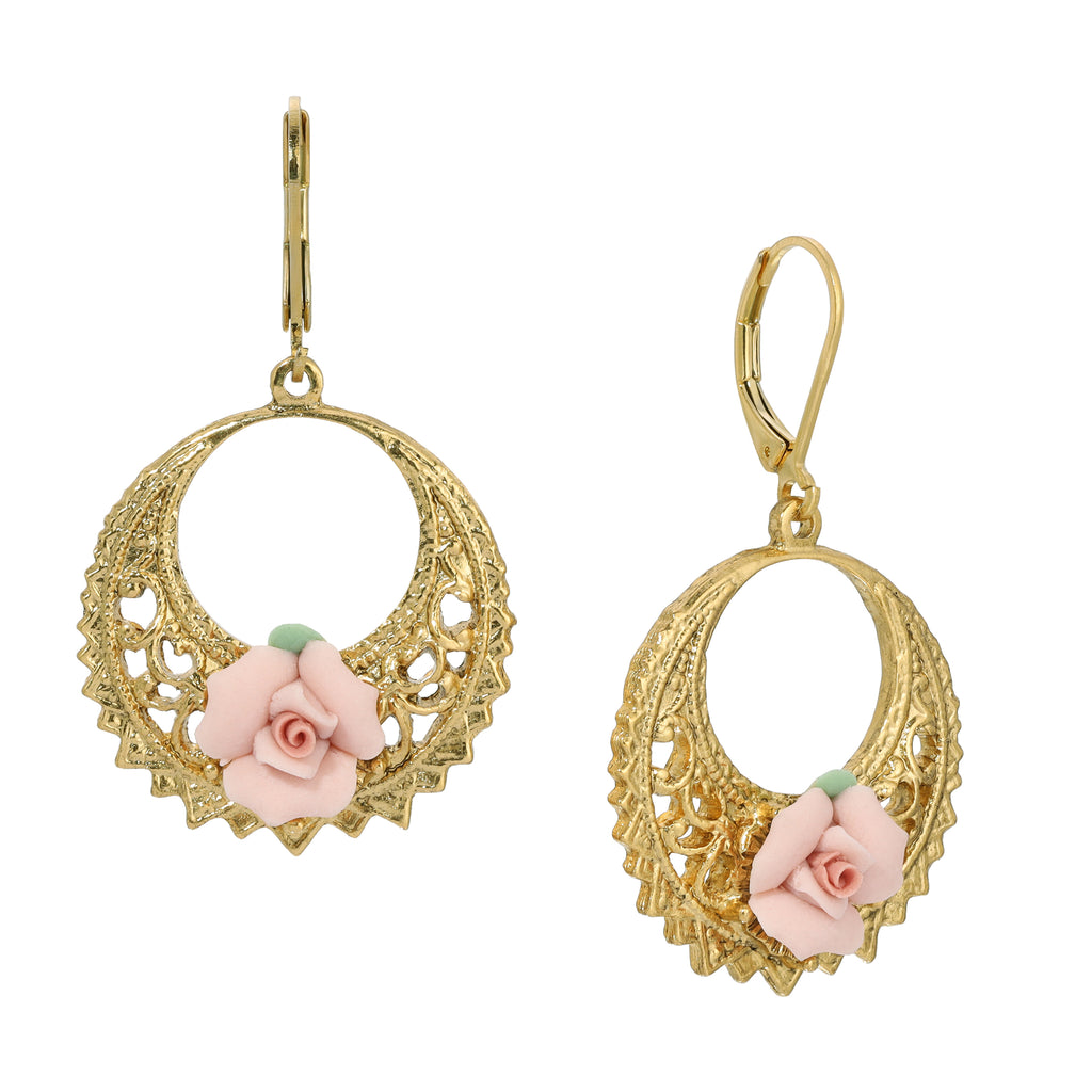 1928 Jewelry Pink Porcelain Rose Hoop Earrings