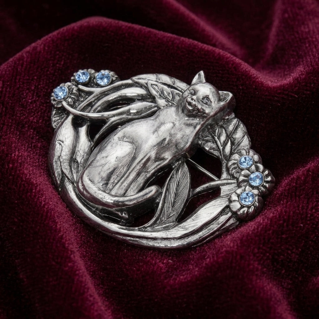 Silver brooch with a cat design and blue crystals on a red velvet background