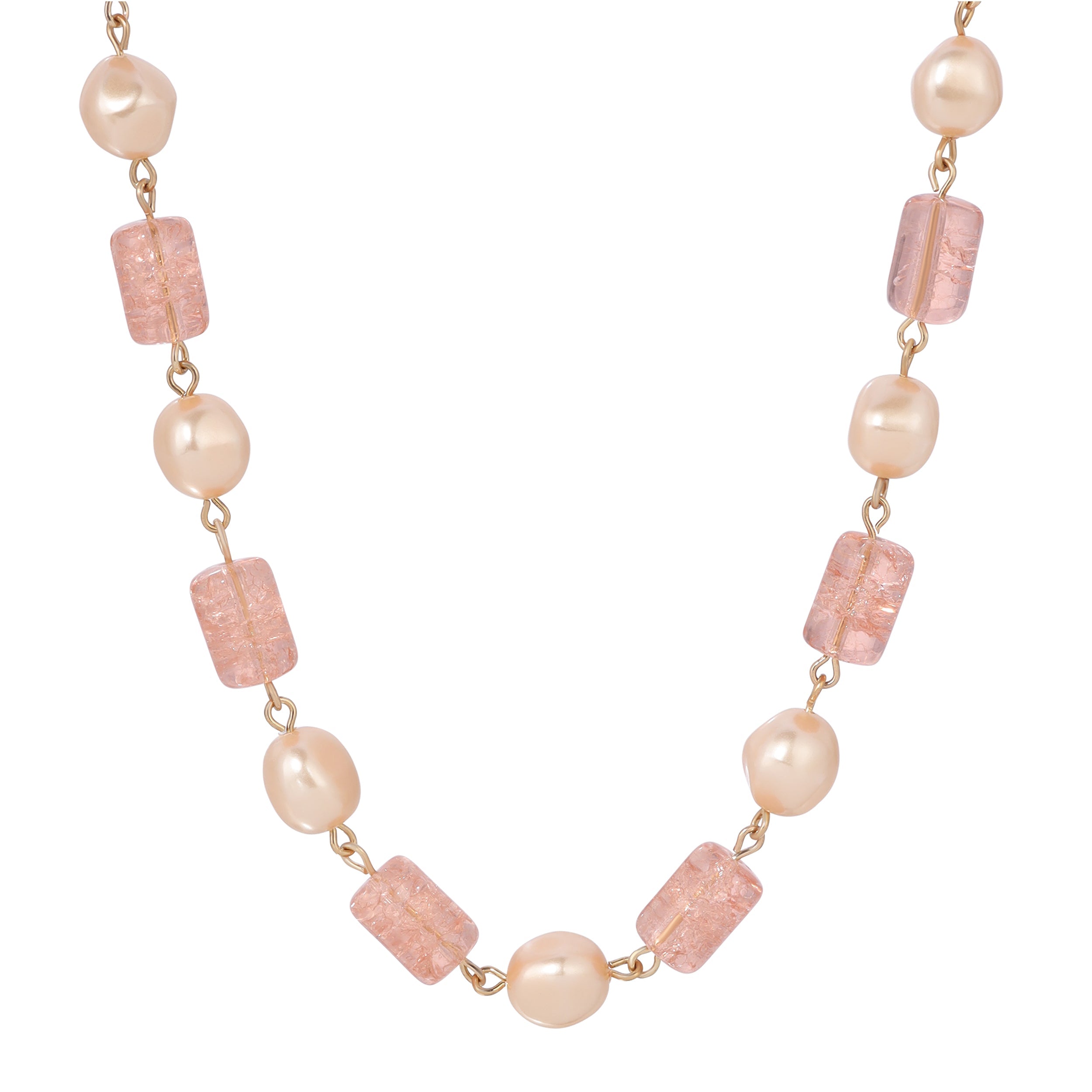1928 Jewelry Peach Cracked Glass & Baroque Champagne Faux Pearl Necklace 15" + 3" Extension