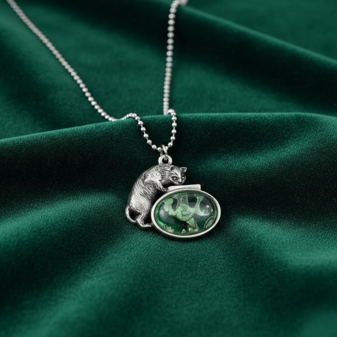 Silver necklace with a bear pendant on a green fabric background