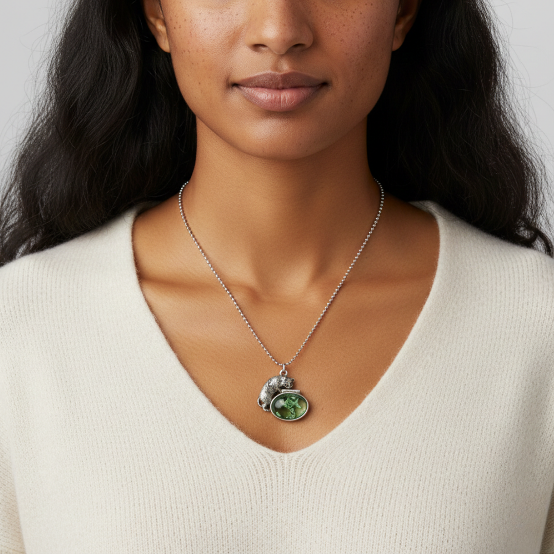 Woman wearing a necklace with a green pendant against a neutral background