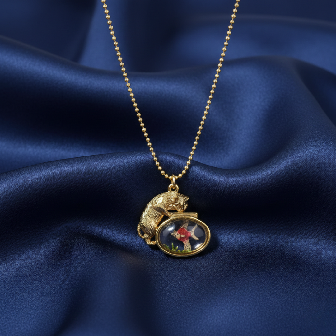 Gold necklace with a pendant featuring a cartoon character on a blue satin background