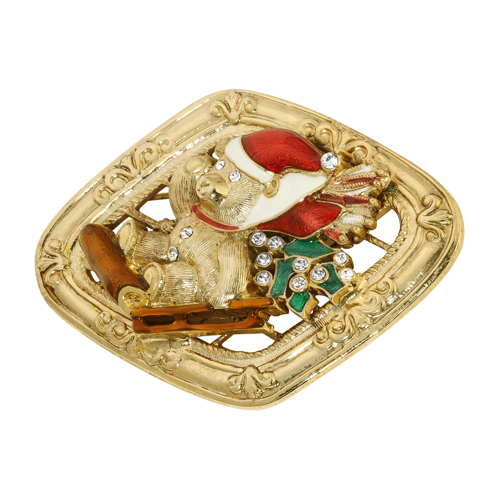 1928 Jewelry Teddy Bear On Sled Christmas Brooch Pin