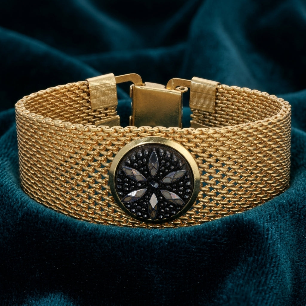 Gold bracelet with a central black stone design on a dark blue fabric background