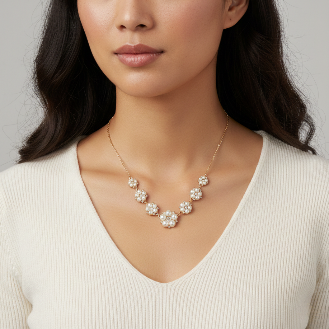 Woman wearing a gold necklace with floral pendants against a neutral background