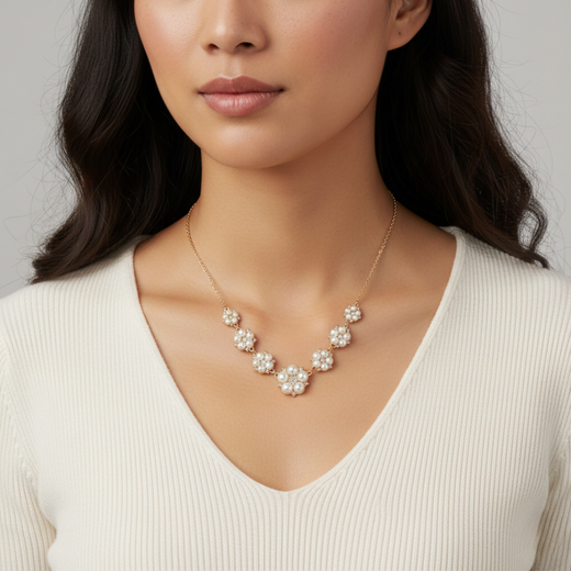Woman wearing a gold necklace with floral pendants against a neutral background