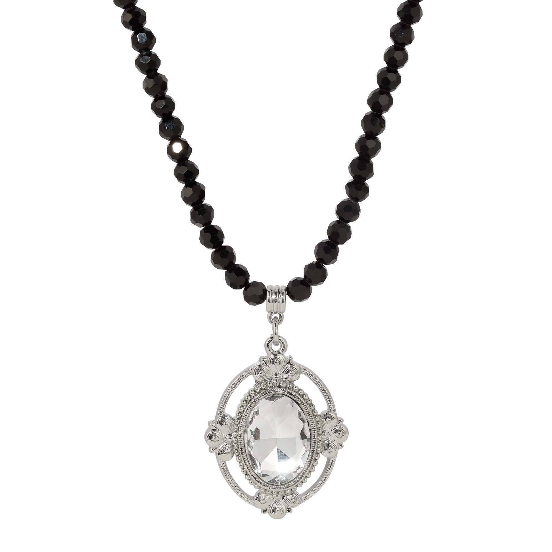 1928 Jewelry Noble Oval Crystal Pendant Black Glass Beaded Necklace 15" + 3" Extension