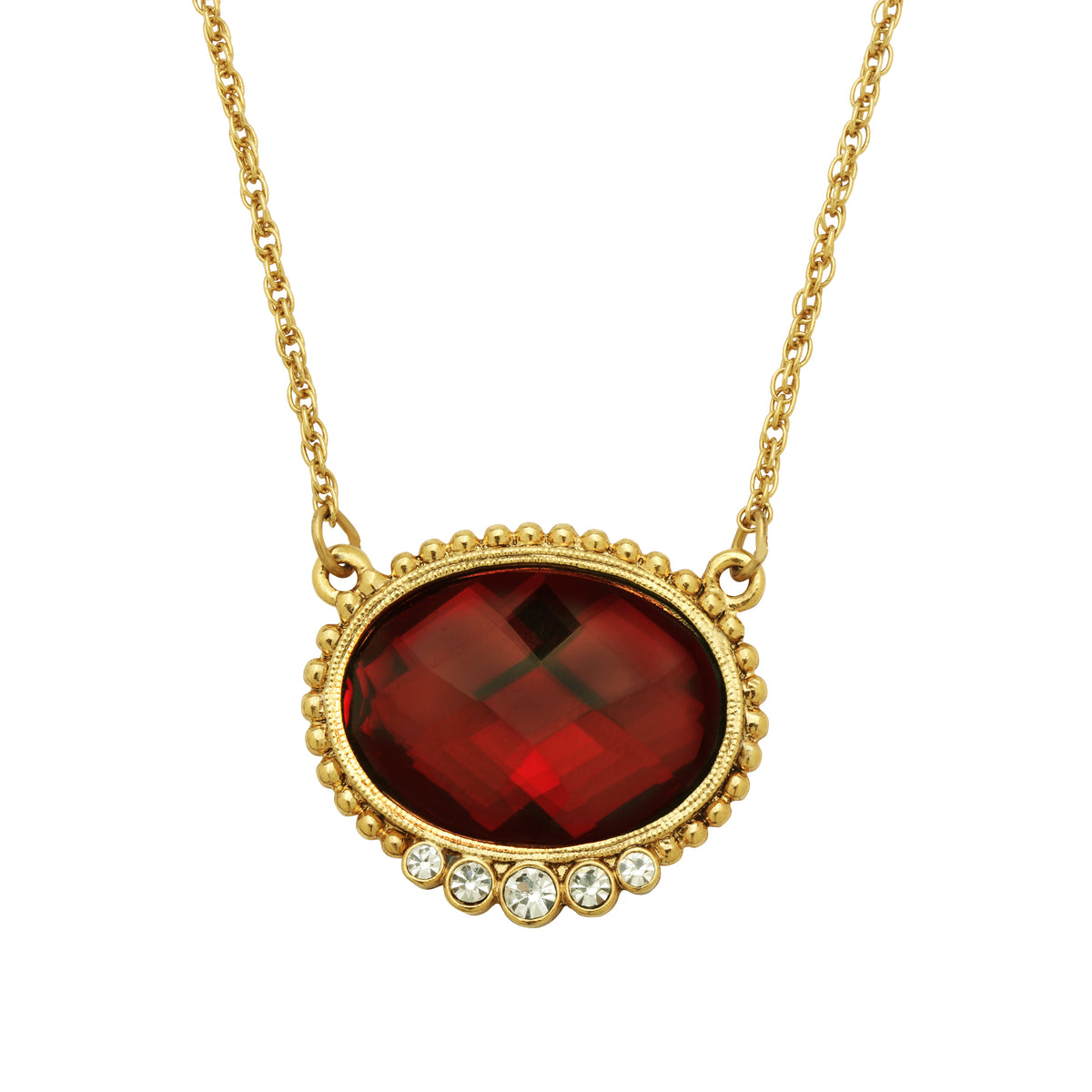 Oval Siam Red Stone & Euro Crystal Pendant Necklace 16" + 3" Extension