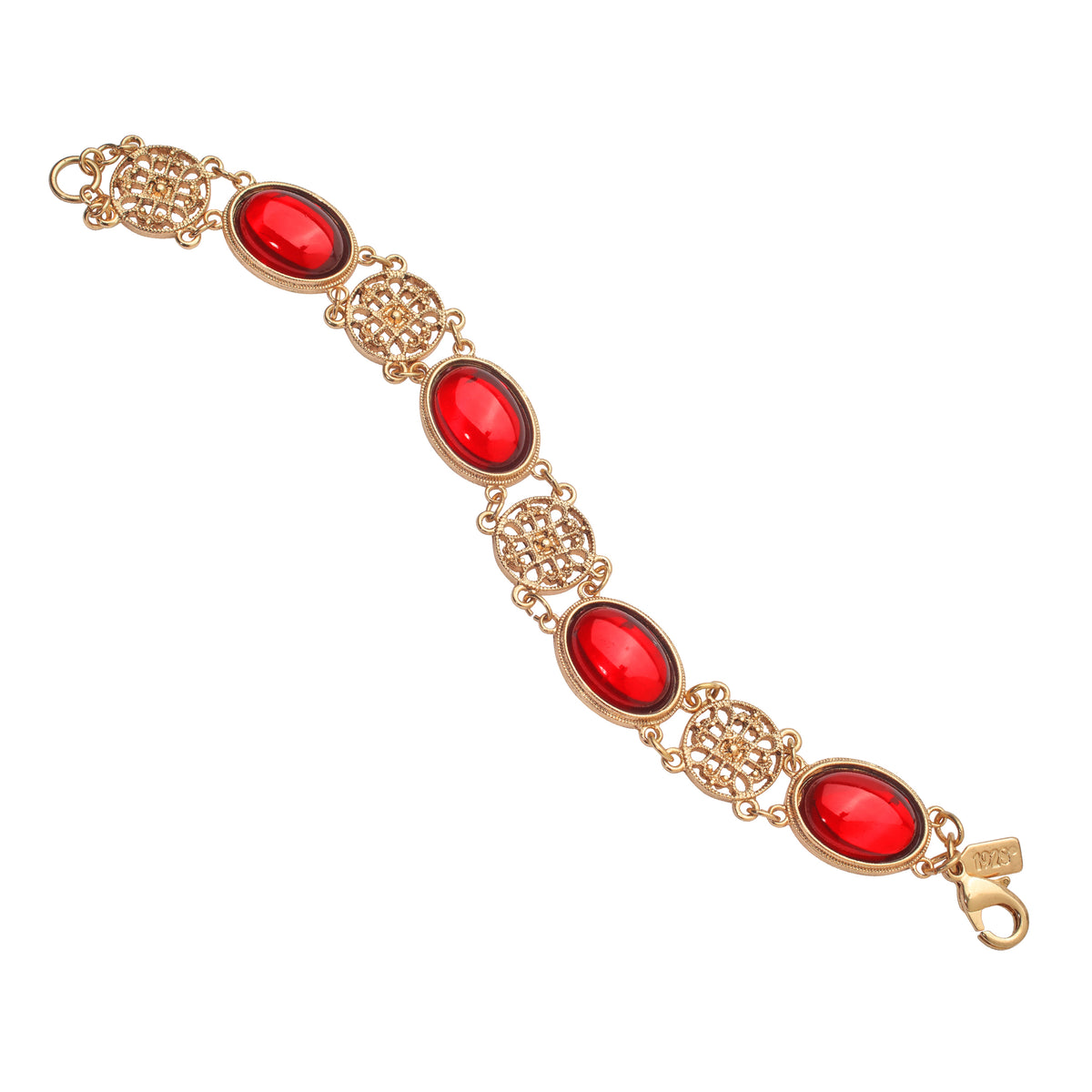 Siam Red Oval Cabochon & Round Gold Filigree Chain Bracelet