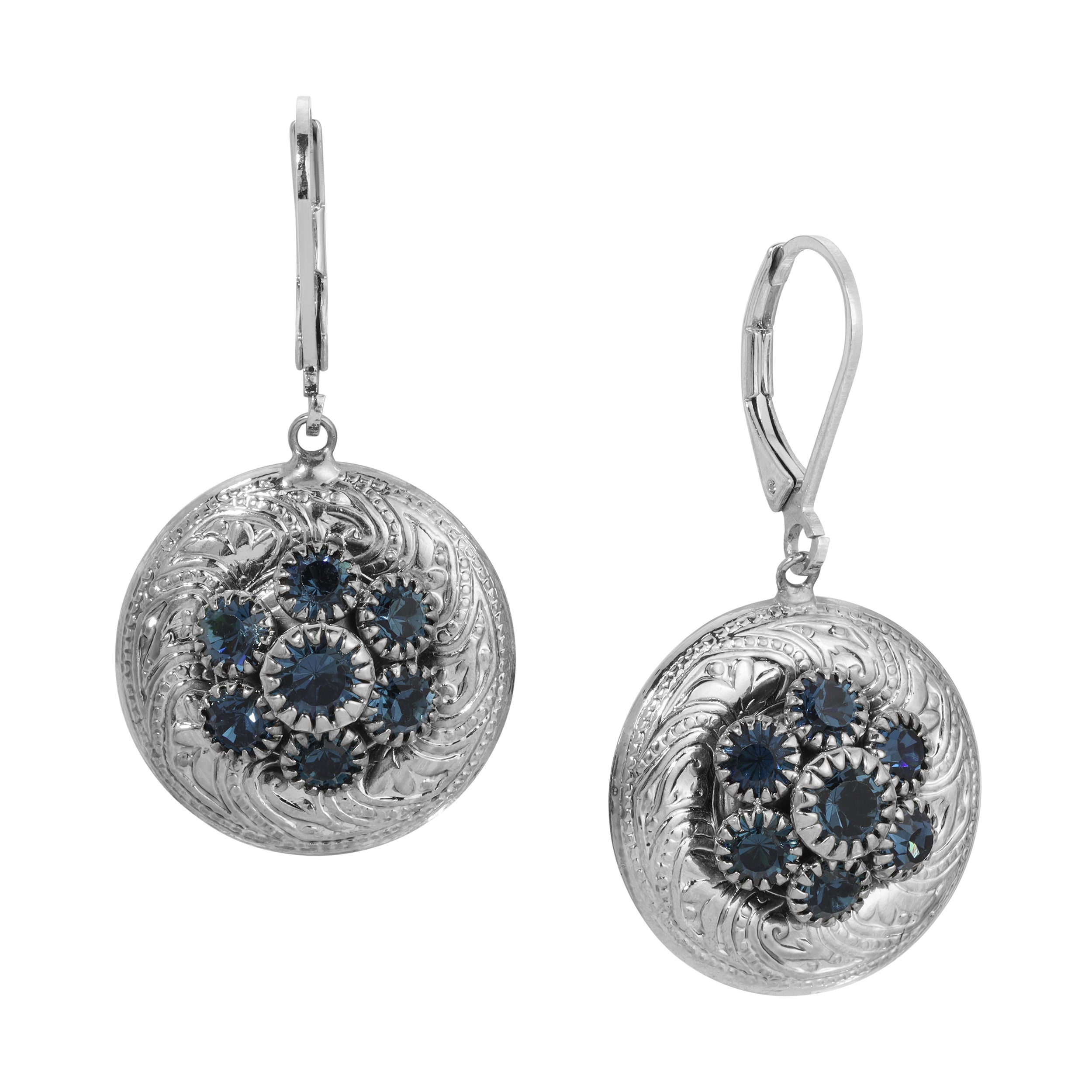 Round European Montana Blue Crystal Glass Stone Cluster Drop Earrings