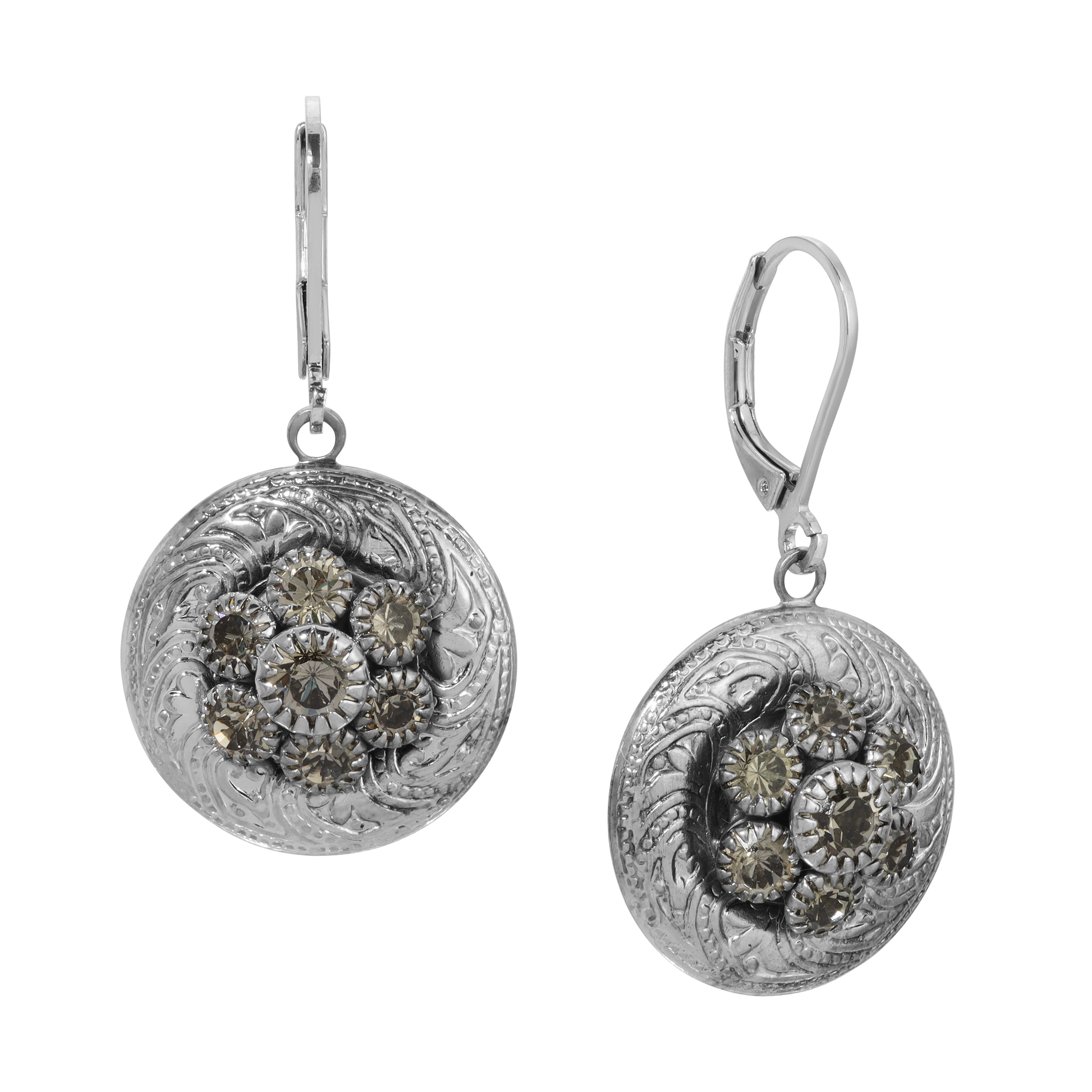 Round European Black Diamond Crystal Glass Stone Cluster Drop Earrings