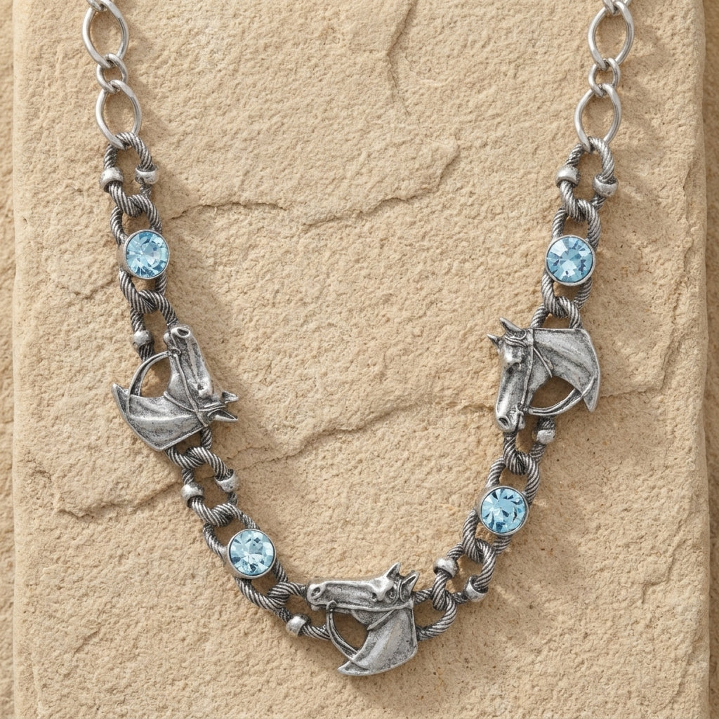 Silver necklace with horse charms and blue crystals on a beige stone background