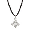 1928 Jewelry Minuit Black Glass Strand Bead Silver Filigree Fan & Crystals Pendant Necklace 15