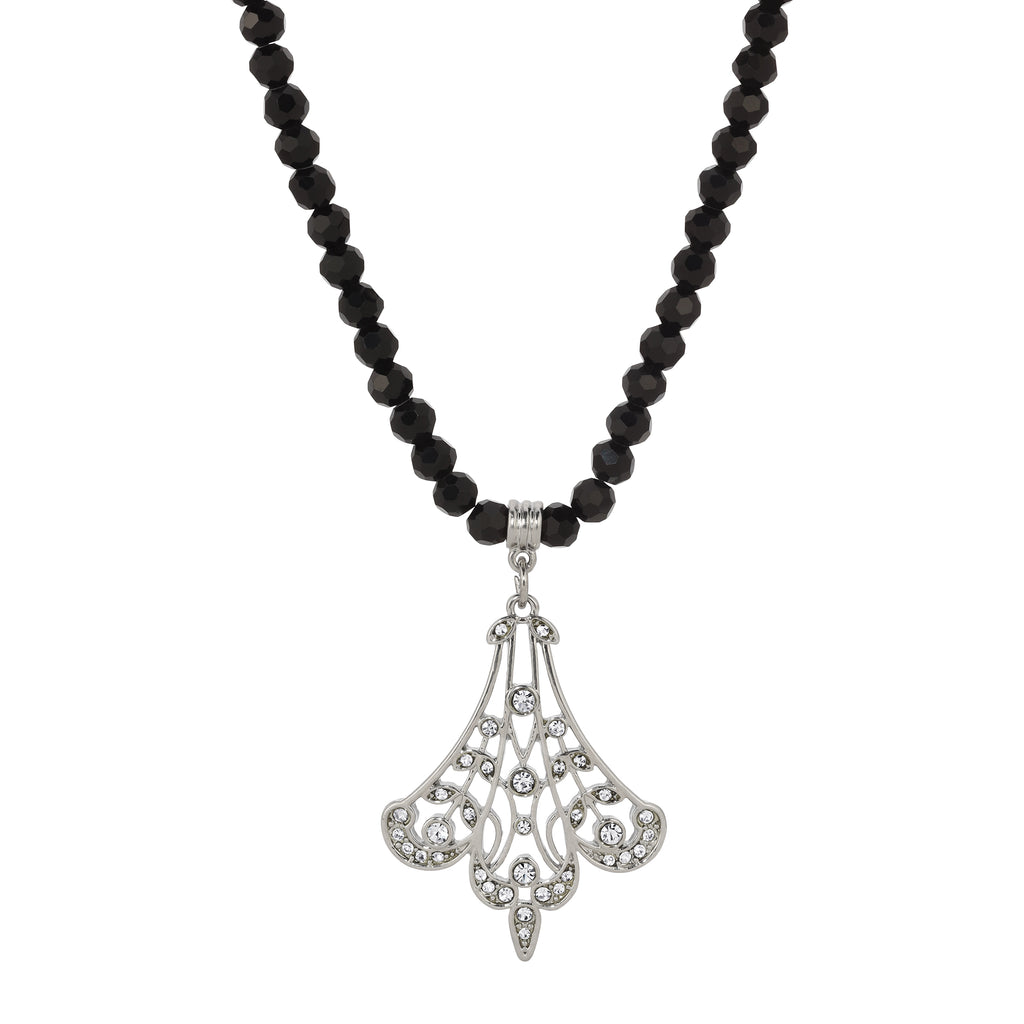 1928 Jewelry Minuit Black Glass Strand Bead Silver Filigree Fan & Crystals Pendant Necklace 15" + 3" Extender