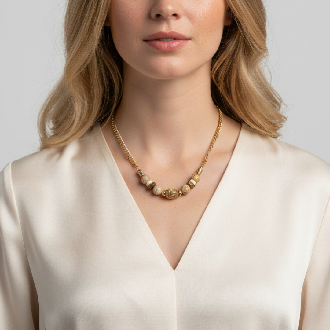 Woman wearing a gold necklace against a plain background