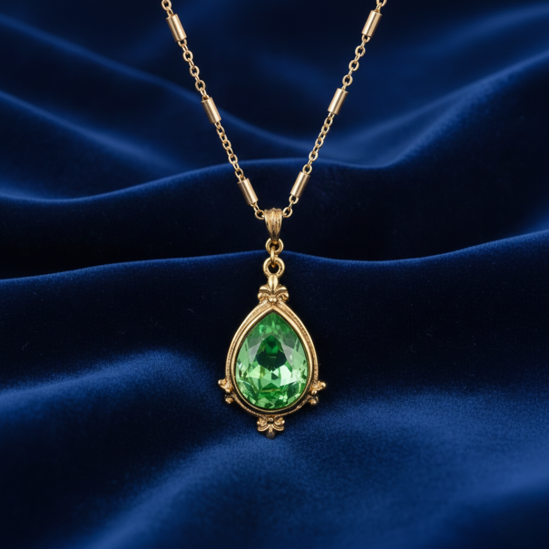 Gold necklace with a green gemstone pendant on a blue fabric background