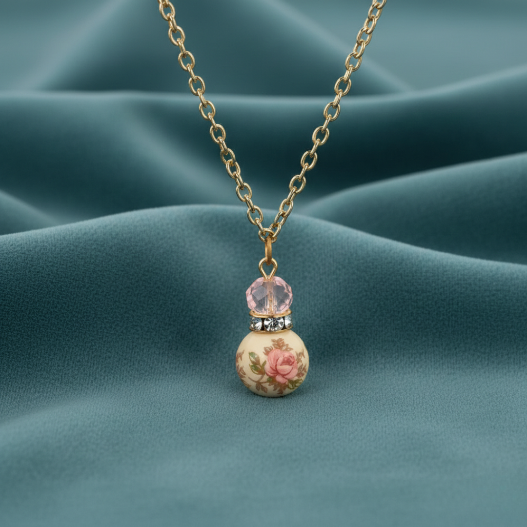 Necklace with floral pendant on a teal fabric background