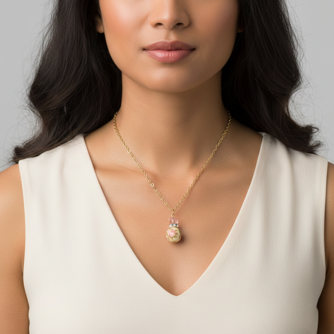 Woman wearing a gold necklace with a pendant against a neutral background