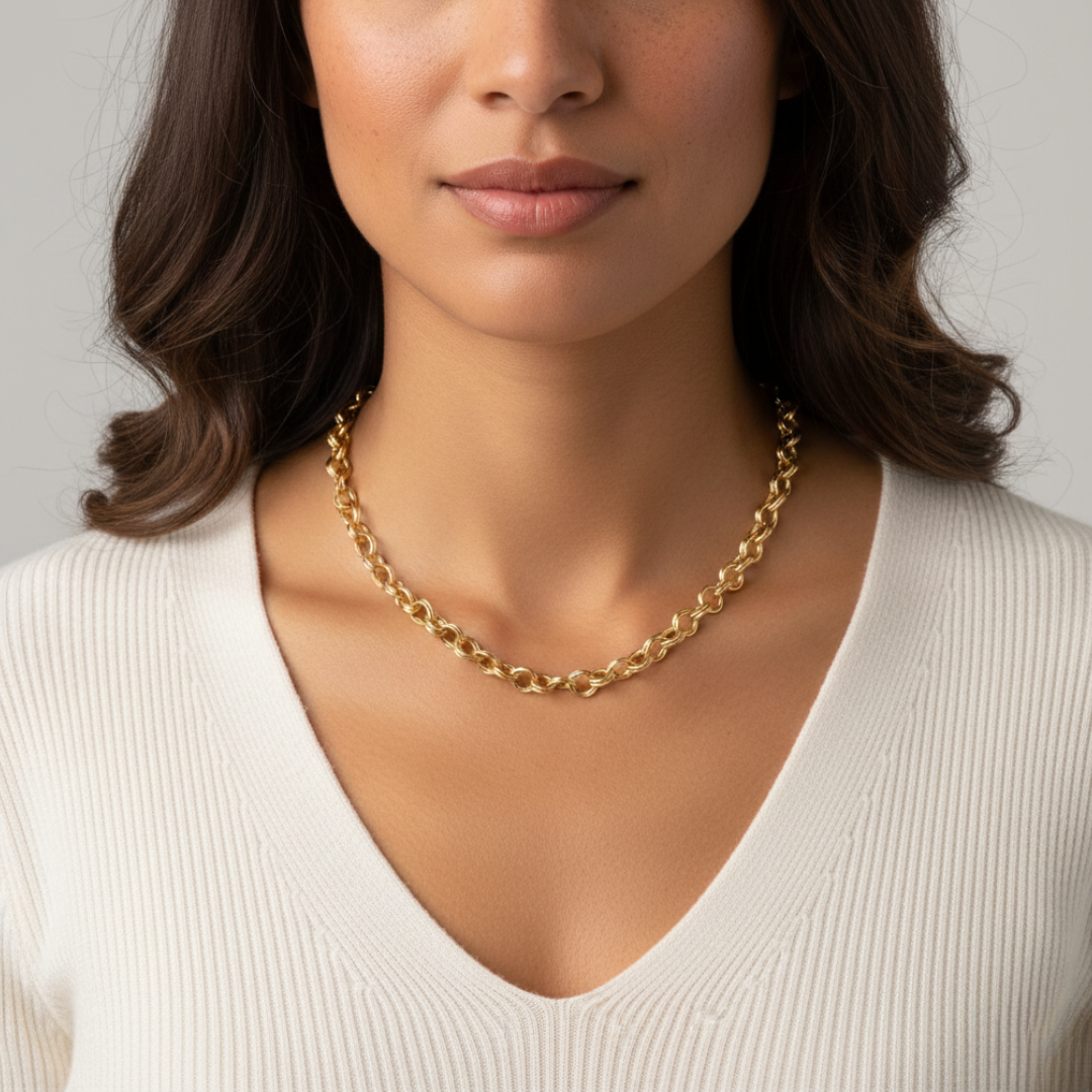 Woman wearing a gold chain necklace against a neutral background