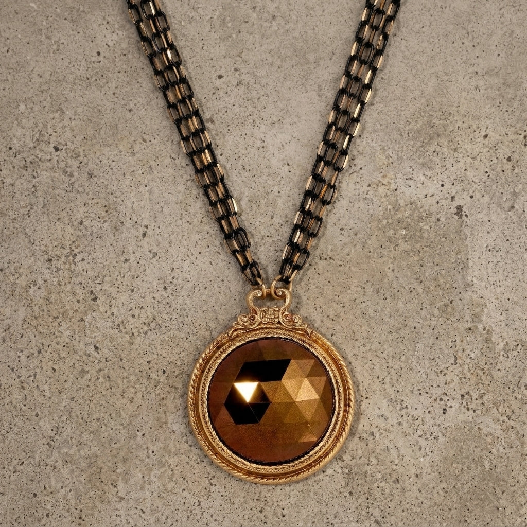 Necklace with a round topaz crystal pendant on a textured surface